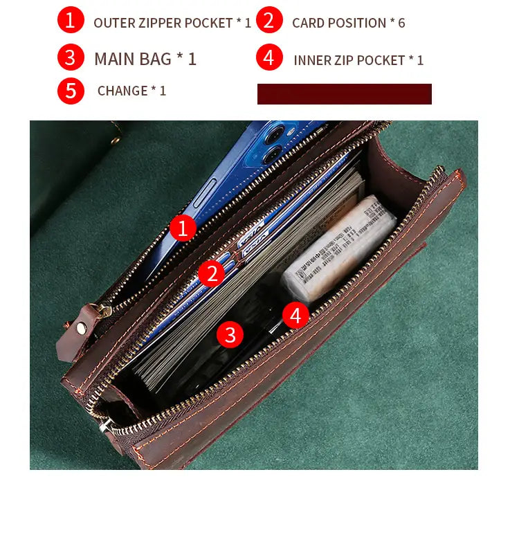 Retro Men’s Leather Clutch with Phone Wallet and Hand Held Design