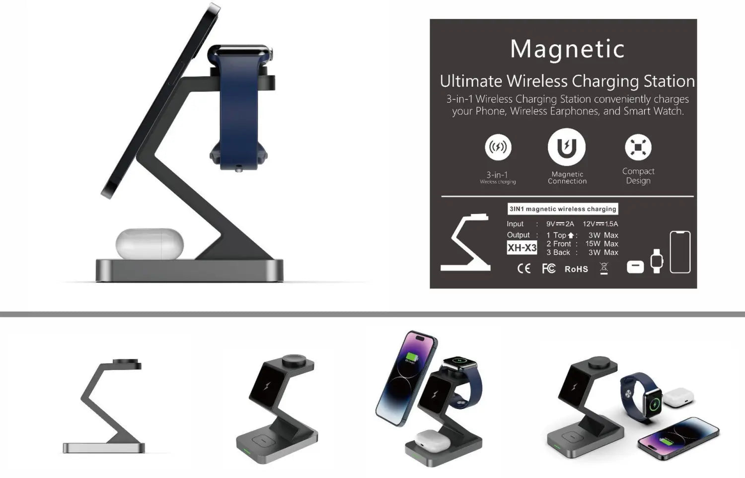 Magnetic Wireless Charger for Phone with USB Type-C Black and White