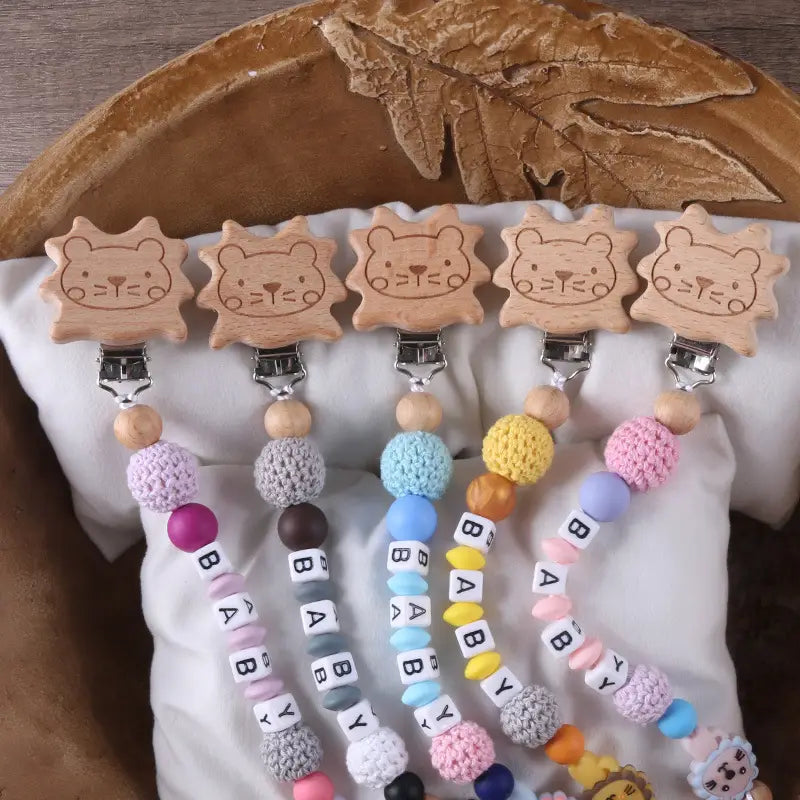 Beech Wood Lion Clip Chain for Pacifier and Teething Gums