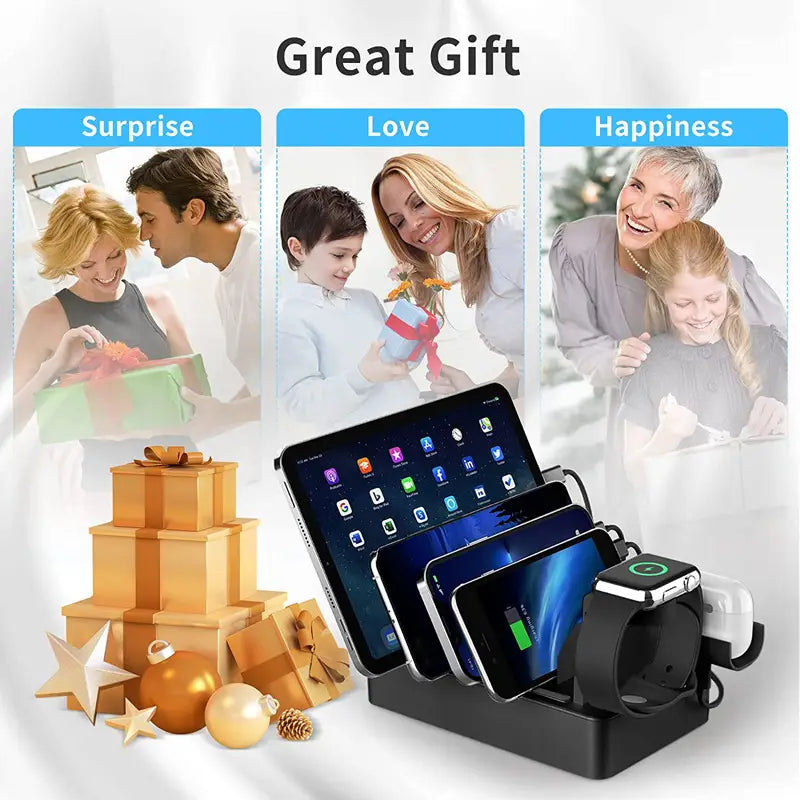 Black Fast Charging Charger with Dual USB and Apple Watch Ports