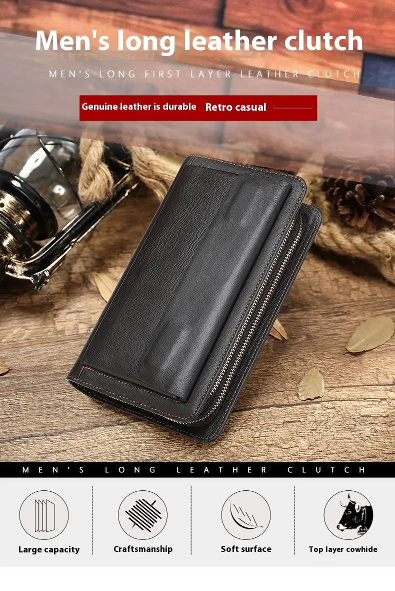 Layer Cowhide Clutch with Cotton Lining for Daily Use in Black or Coffee