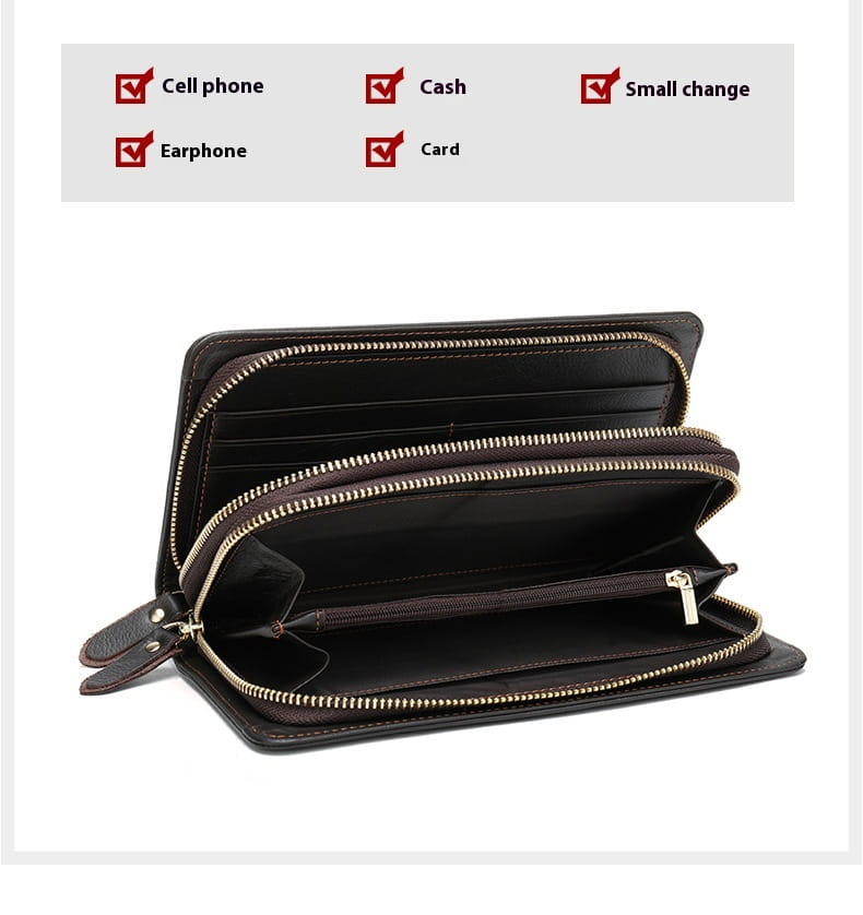 Layer Cowhide Clutch with Cotton Lining for Daily Use in Black or Coffee