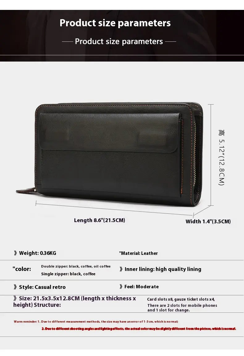 Layer Cowhide Clutch with Cotton Lining for Daily Use in Black or Coffee