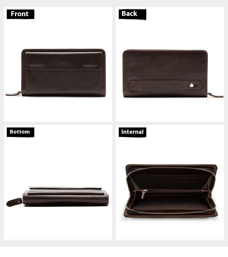 Layer Cowhide Clutch with Cotton Lining for Daily Use in Black or Coffee