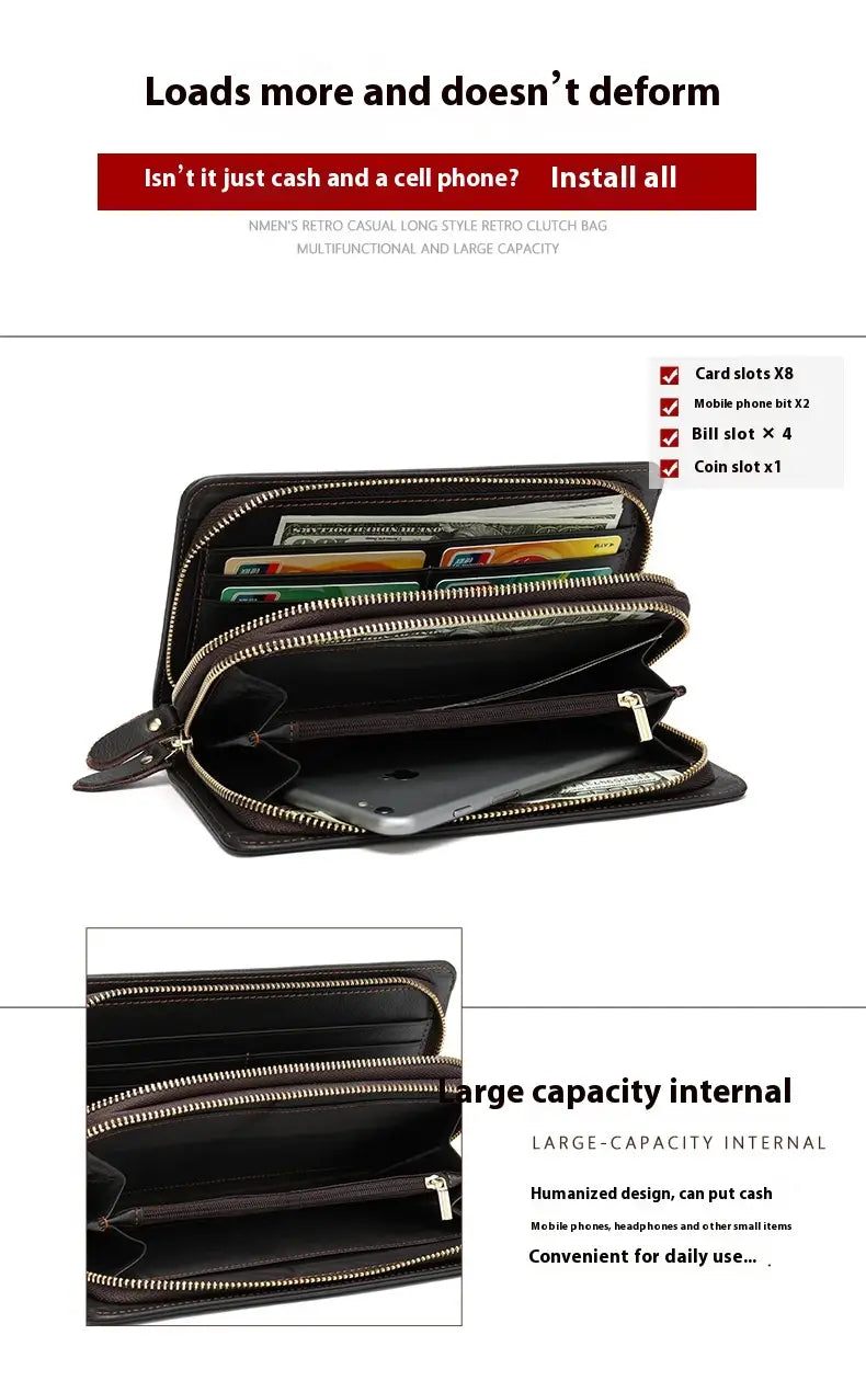 Layer Cowhide Clutch with Cotton Lining for Daily Use in Black or Coffee