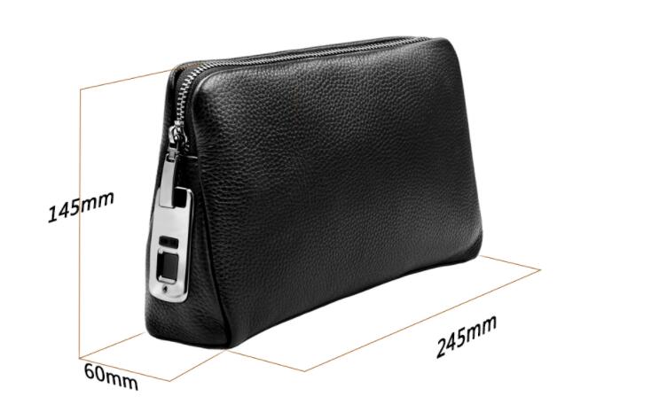 Black Polyester Men’s Fingerprint Clutch with Layer Cowhide and USB Charging