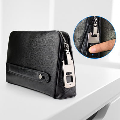 Black Polyester Men’s Fingerprint Clutch with Layer Cowhide and USB Charging