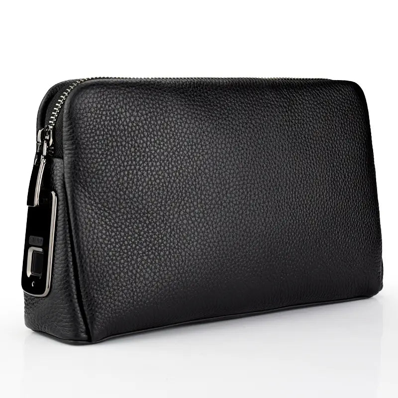 Black Polyester Men’s Fingerprint Clutch with Layer Cowhide and USB Charging