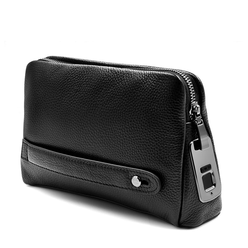 Black Polyester Men’s Fingerprint Clutch with Layer Cowhide and USB Charging