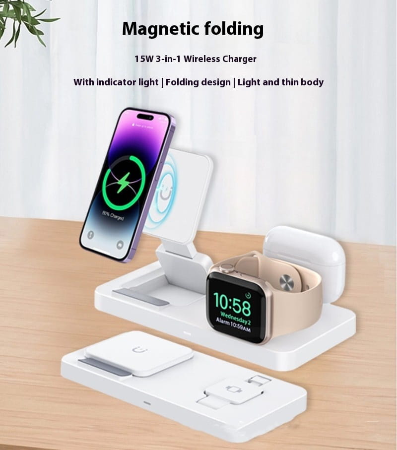 Magnetic Wireless Charger 3-in-1 Fast Charging Station for Phones and Headphones