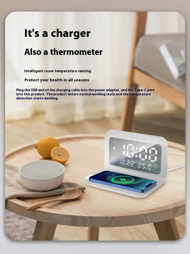 Wireless Charger with Time Temperature Display and Alarm Clock for United States