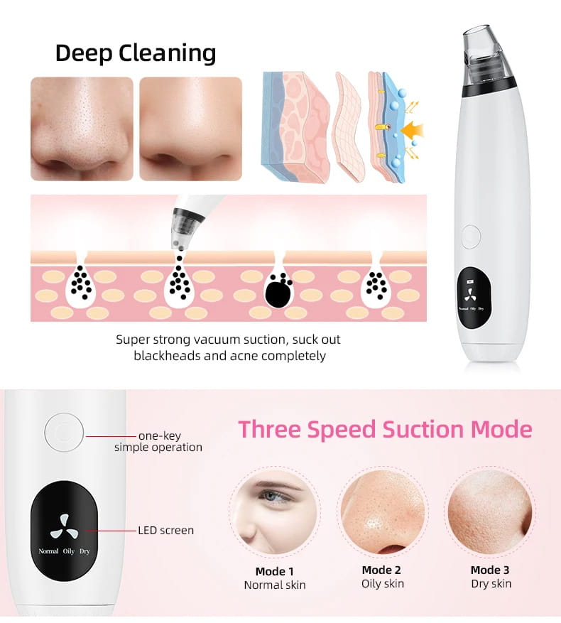 Rechargeable Blackhead Vacuum Remover with LED Display Screen and Large Capacity Battery