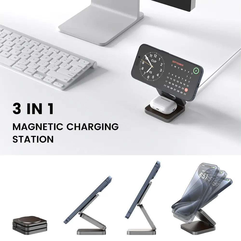 Wireless Charger with Magnetic Folding Bracket and Leather Style Design