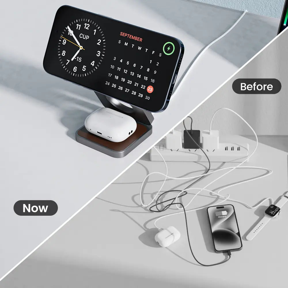 Wireless Charger with Magnetic Folding Bracket and Leather Style Design