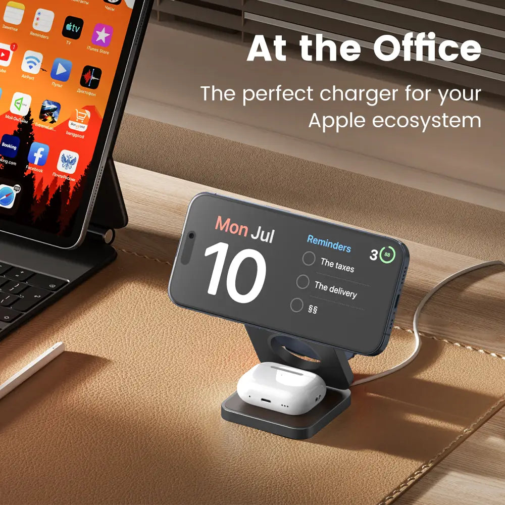 Wireless Charger with Magnetic Folding Bracket and Leather Style Design