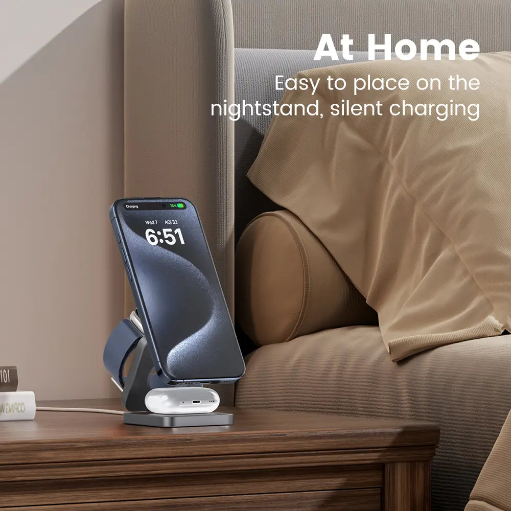 Wireless Charger with Magnetic Folding Bracket and Leather Style Design