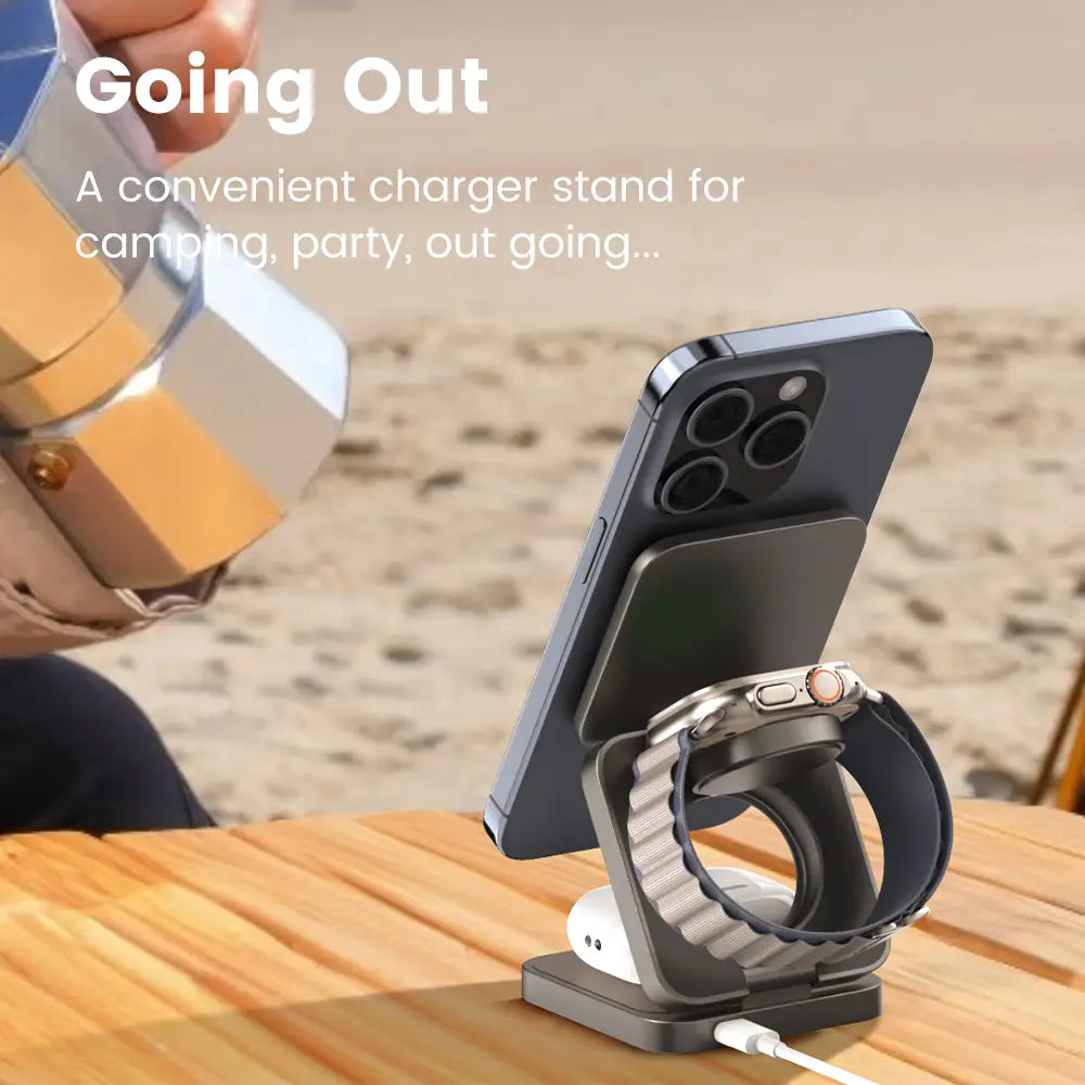 Wireless Charger with Magnetic Folding Bracket and Leather Style Design