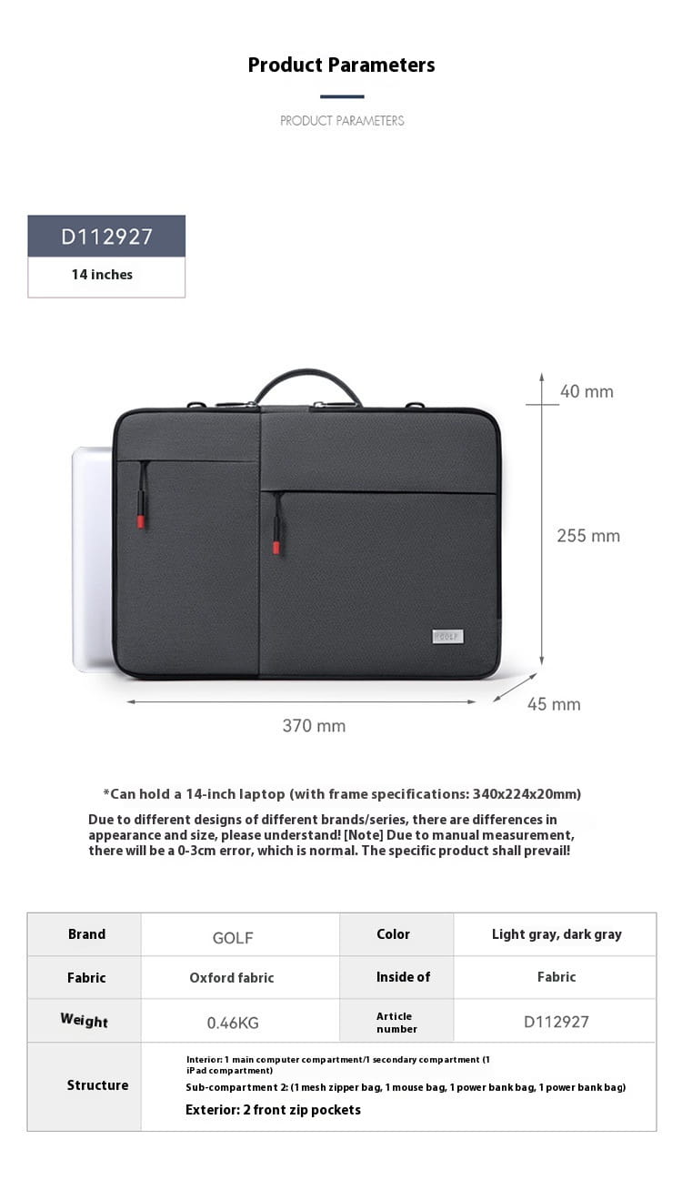 14 hüvelykes laptop ujjú oxford szövet védő tok világosszürke sötét