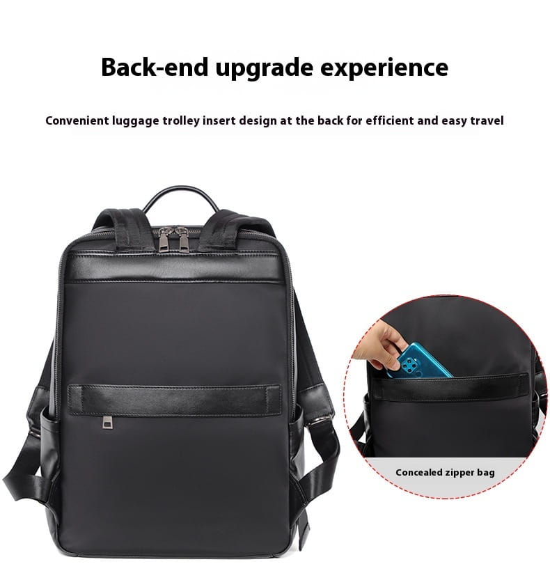 Leather Travel Backpack Cowhide Black Litchi Grain Ergonomic Weave Design