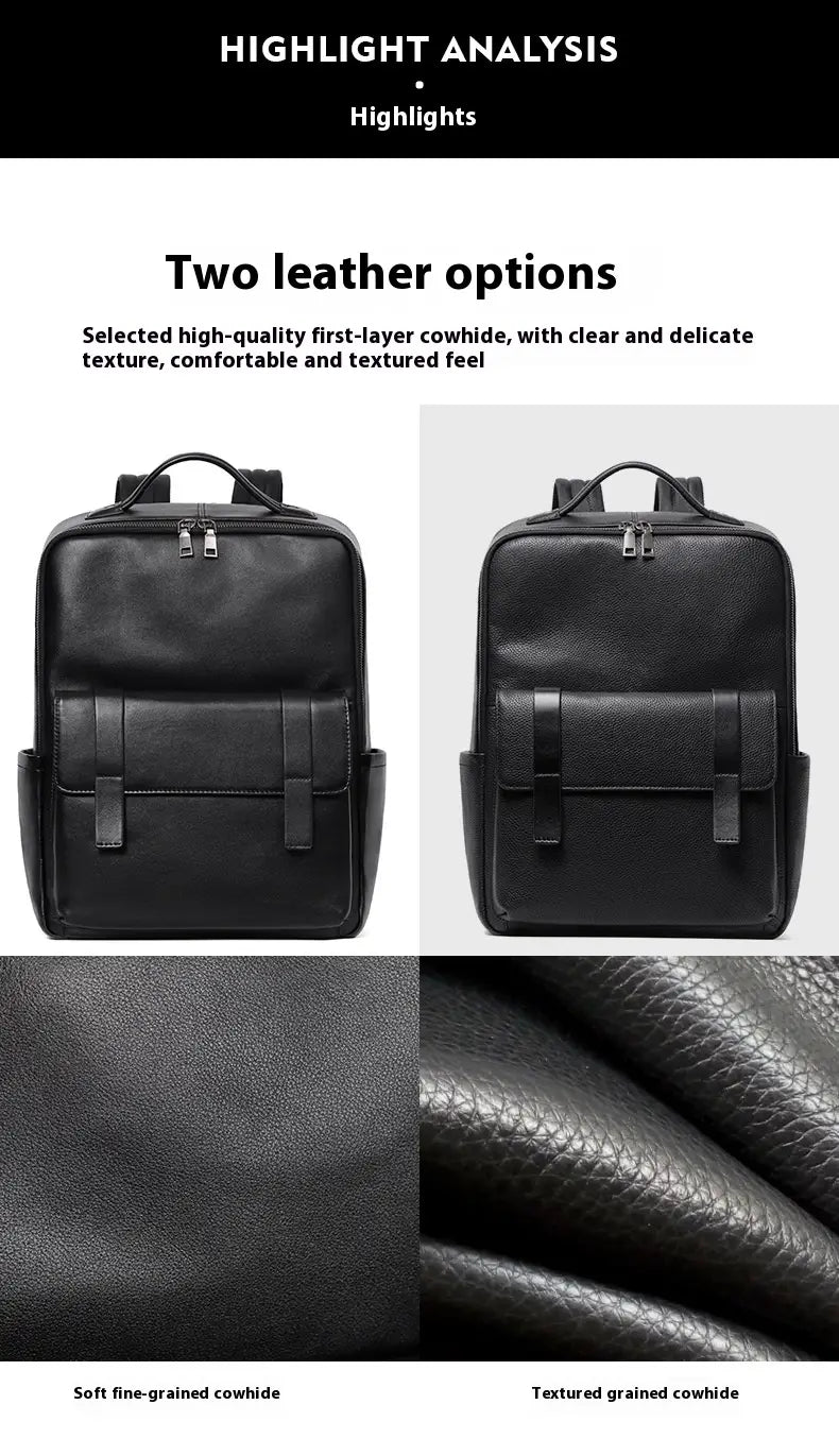 Leather Travel Backpack Cowhide Black Litchi Grain Ergonomic Weave Design