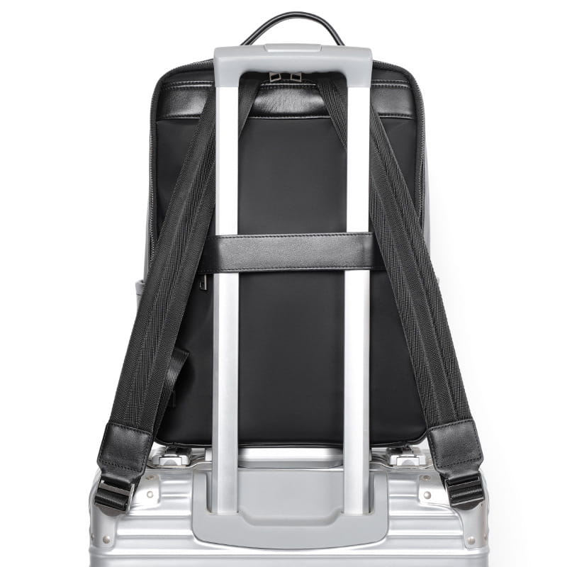 Leather Travel Backpack Cowhide Black Litchi Grain Ergonomic Weave Design