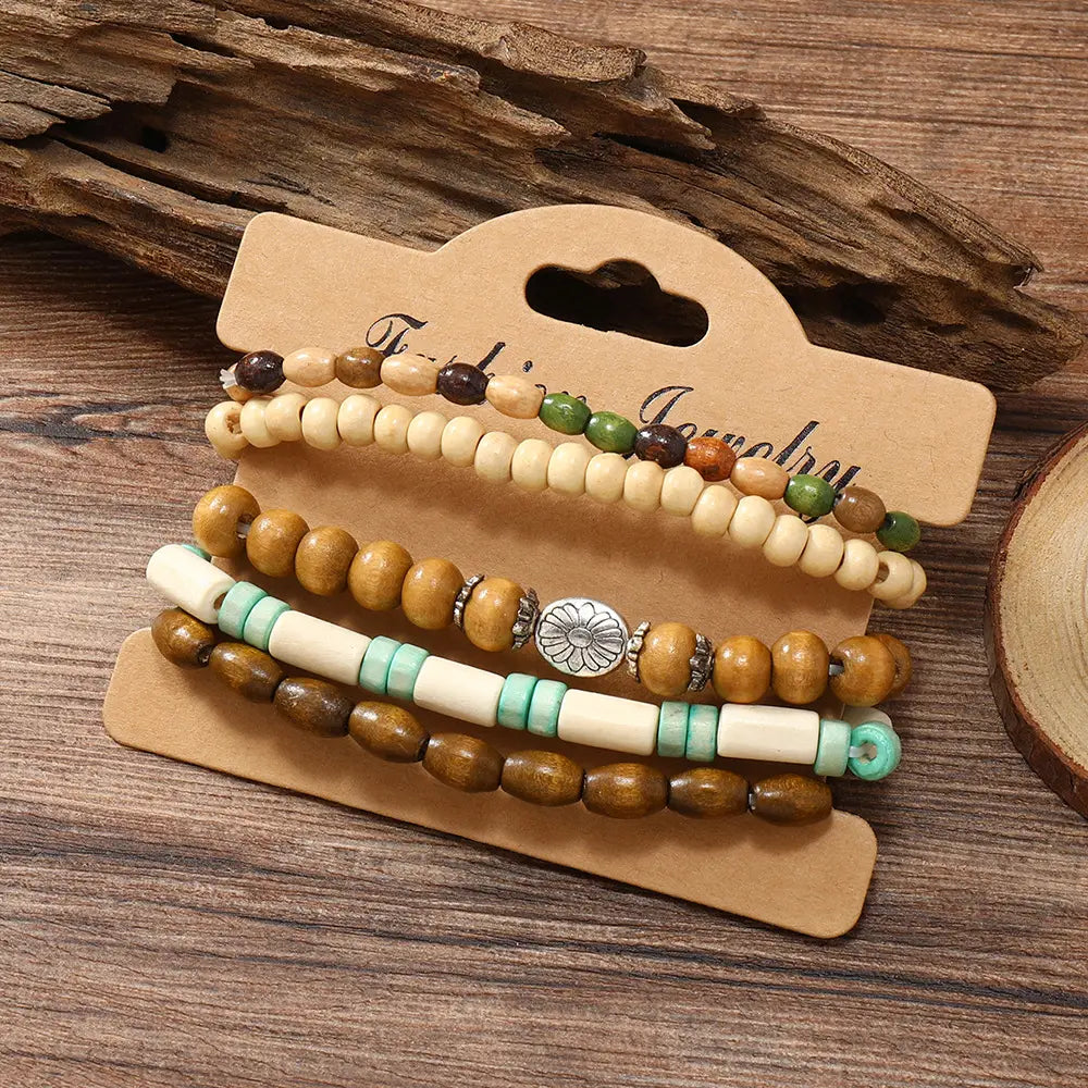 Colorful Wooden Bead Small Flower Filament Five-piece Bracelet