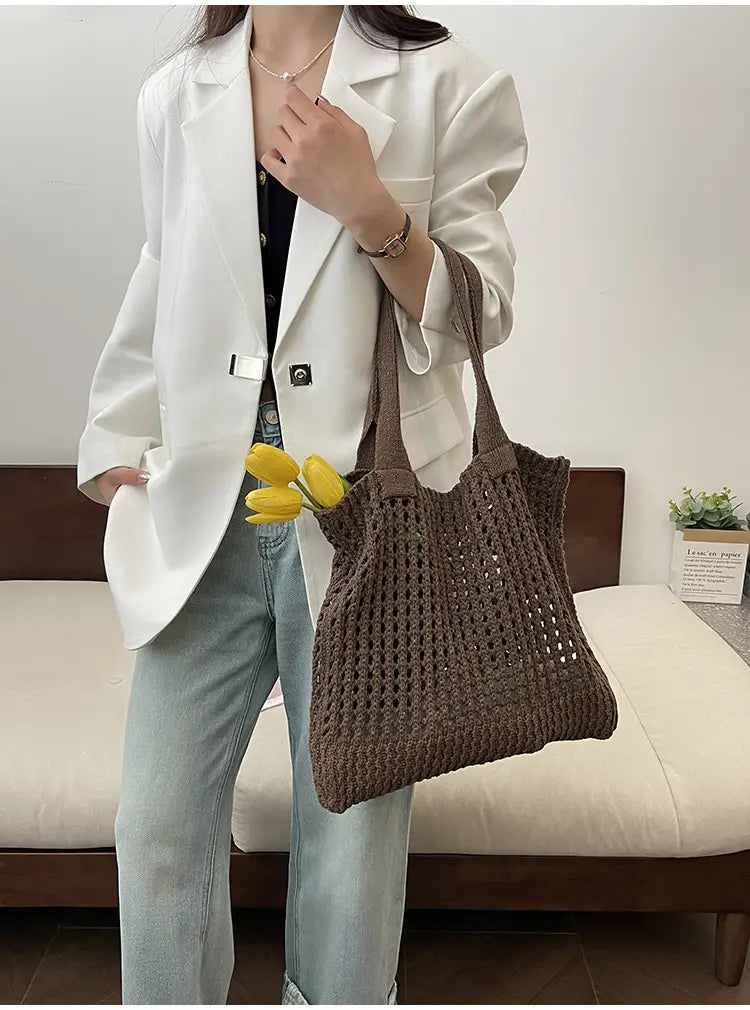 Hollow Knitted Large Capacity Shoulder Bag for Daily