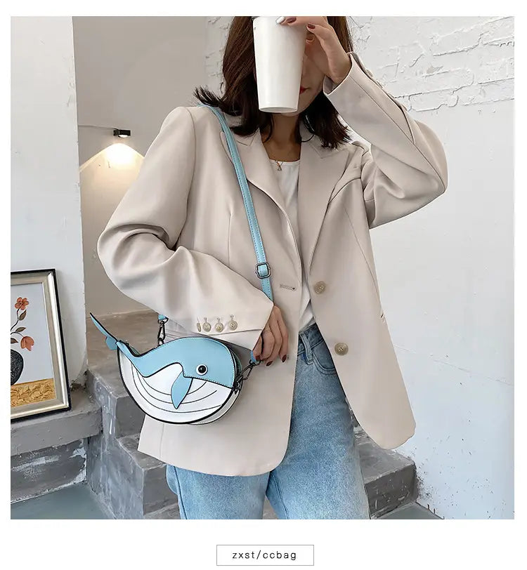 Japanese Cute Cartoon Whale Crossbody Bag with Dancing Design