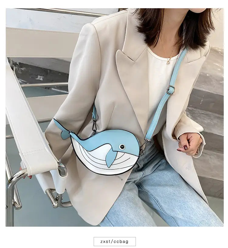 Japanese Cute Cartoon Whale Crossbody Bag with Dancing Design