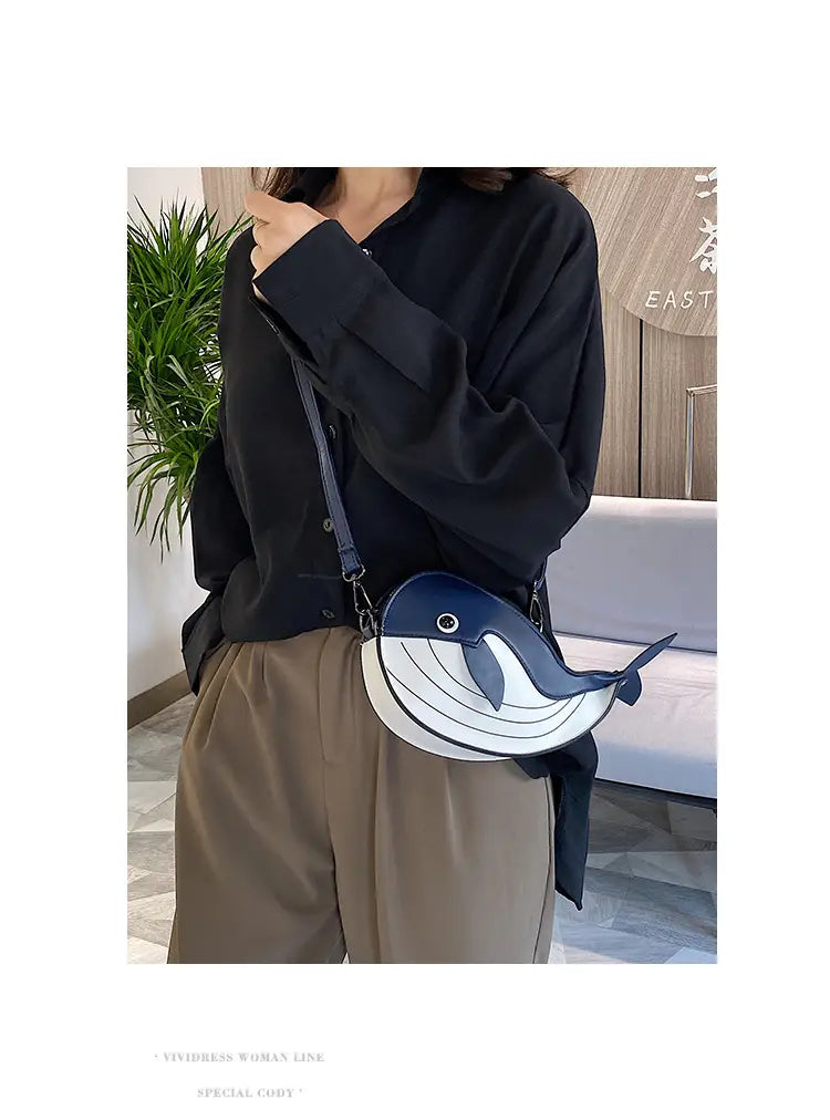 Japanese Cute Cartoon Whale Crossbody Bag with Dancing Design