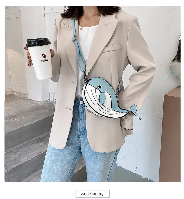Japanese Cute Cartoon Whale Crossbody Bag with Dancing Design