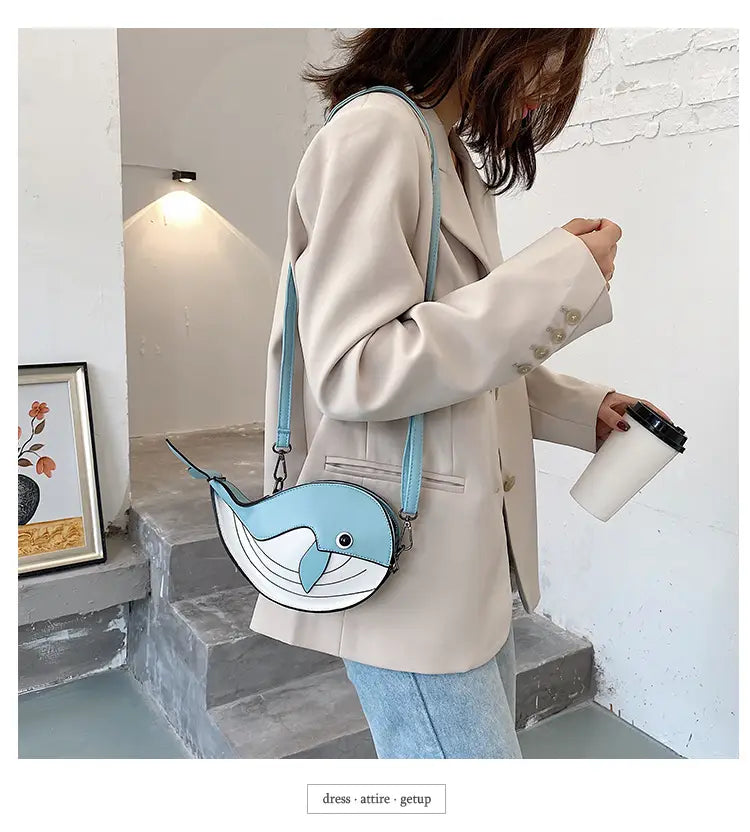 Japanese Cute Cartoon Whale Crossbody Bag with Dancing Design