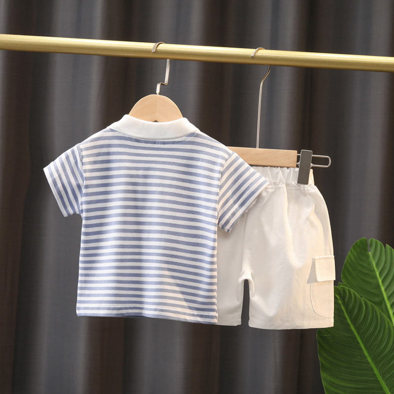 Boys’ Summer Cute Stripes Solid Color Short-sleeved Shorts Two-piece Set