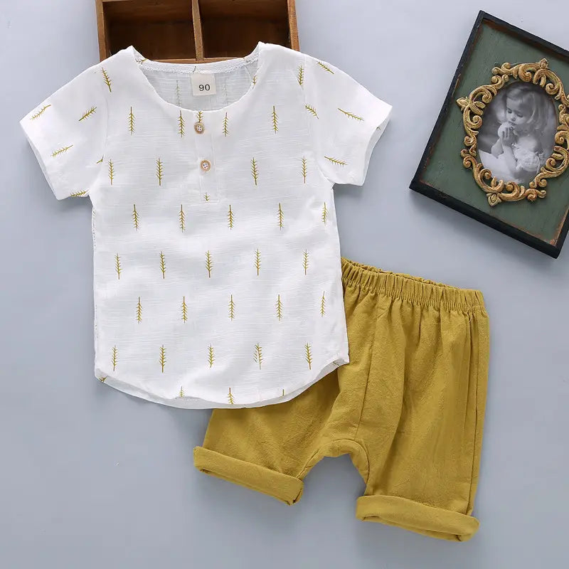 Children’s Casual Printed Cotton Linen Short Sleeved Pants Set