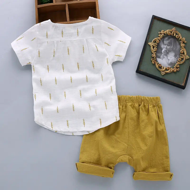 Children’s Casual Printed Cotton Linen Short Sleeved Pants Set