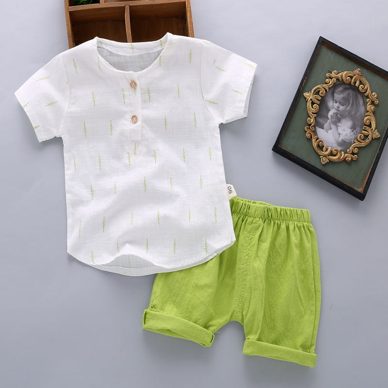 Children’s Casual Printed Cotton Linen Short Sleeved Pants Set