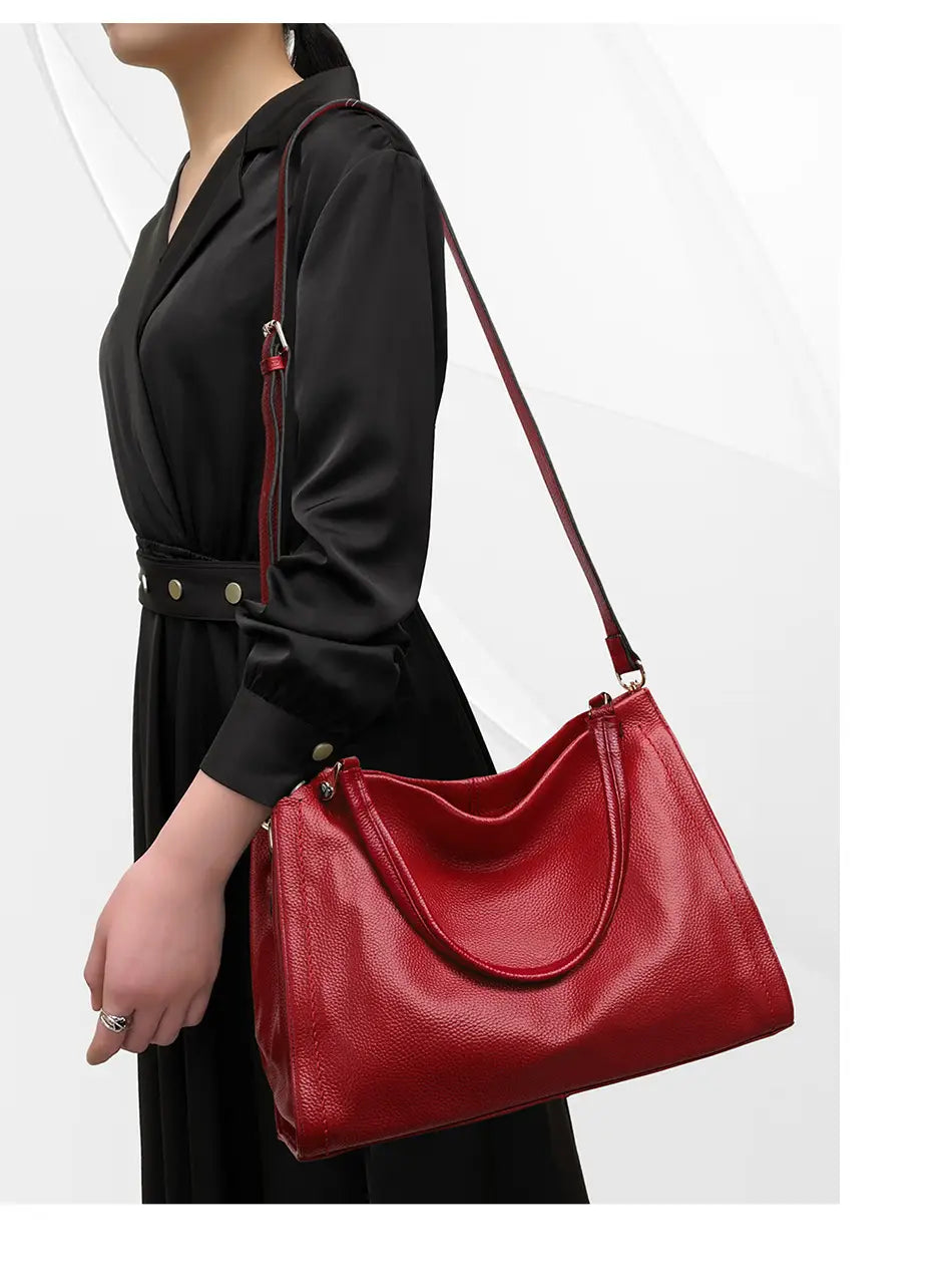 Simple Cowhide Leather Bag with Multiple Compartments and Adjustable Shoulder Strap