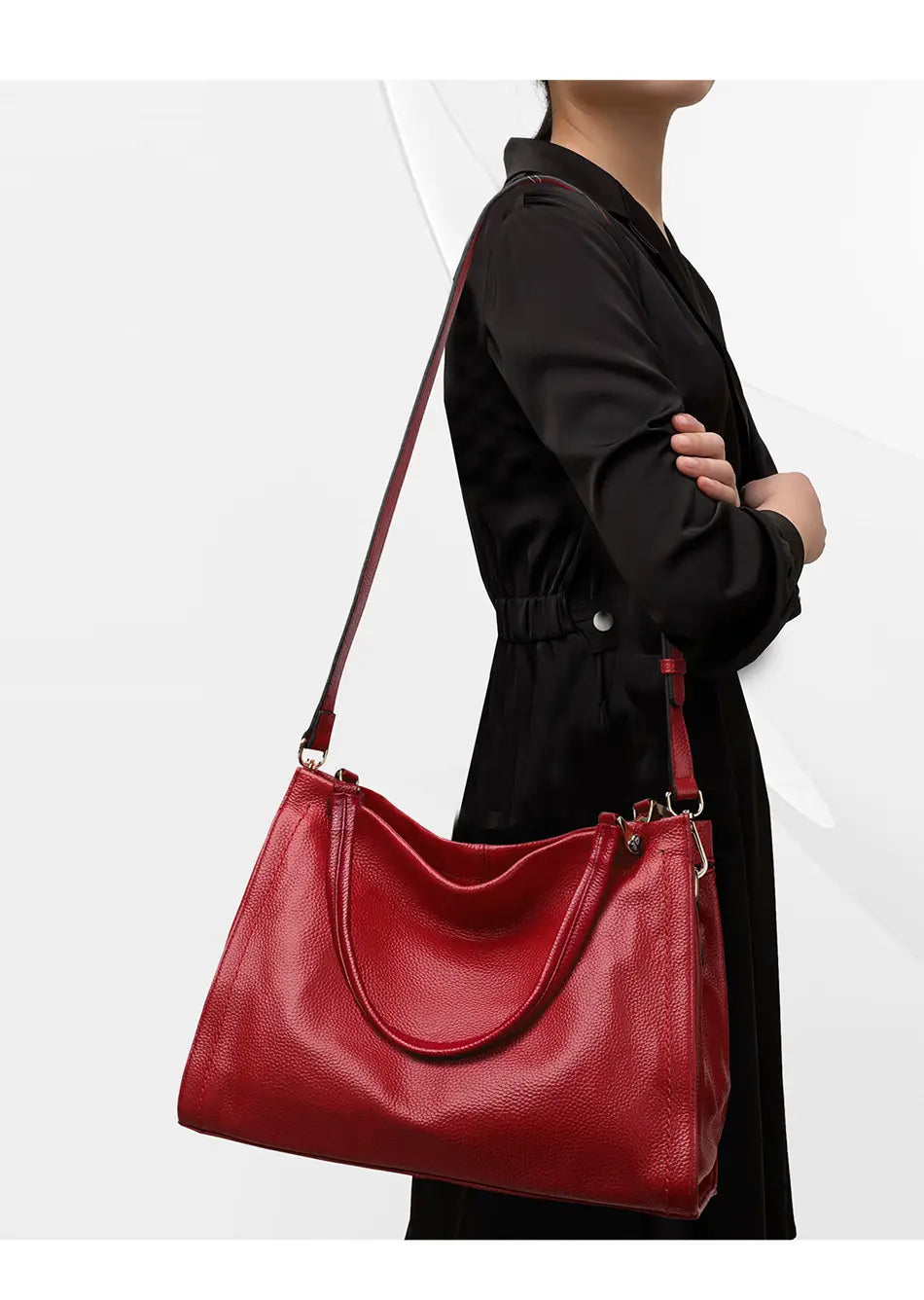 Simple Cowhide Leather Bag with Multiple Compartments and Adjustable Shoulder Strap