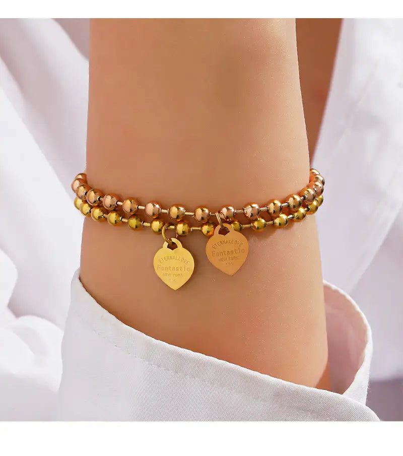 Stainless Steel Round Beads Heart Bracelet Women’s Fashion Gift