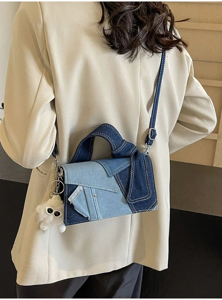 Denim Small Handbags Western Style Shoulder Crossbody Bag with Sandwiched Pocket