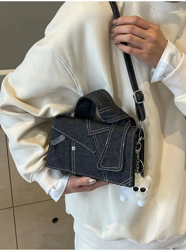 Denim Small Handbags Western Style Shoulder Crossbody Bag with Sandwiched Pocket