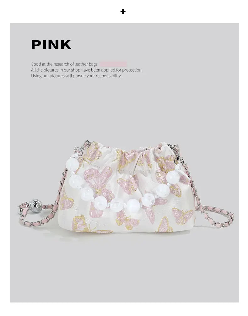 Pink Crossbody Bag with Bow Chain Buckets and Synthetic Leather Material