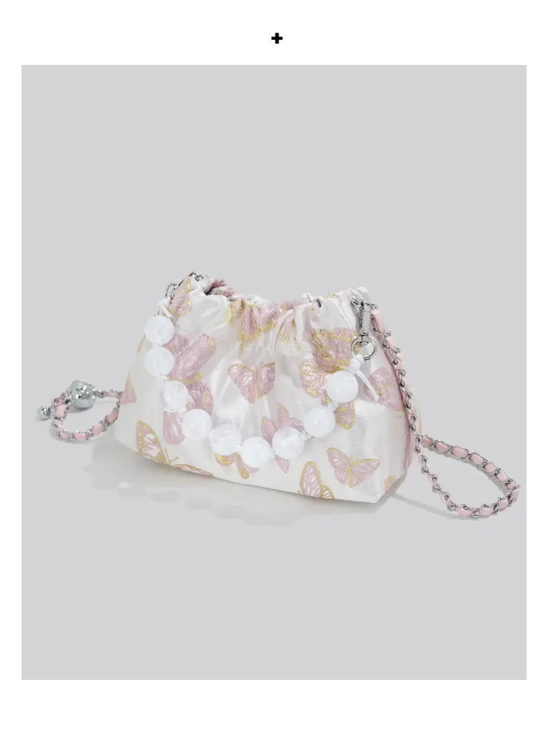 Pink Crossbody Bag with Bow Chain Buckets and Synthetic Leather Material