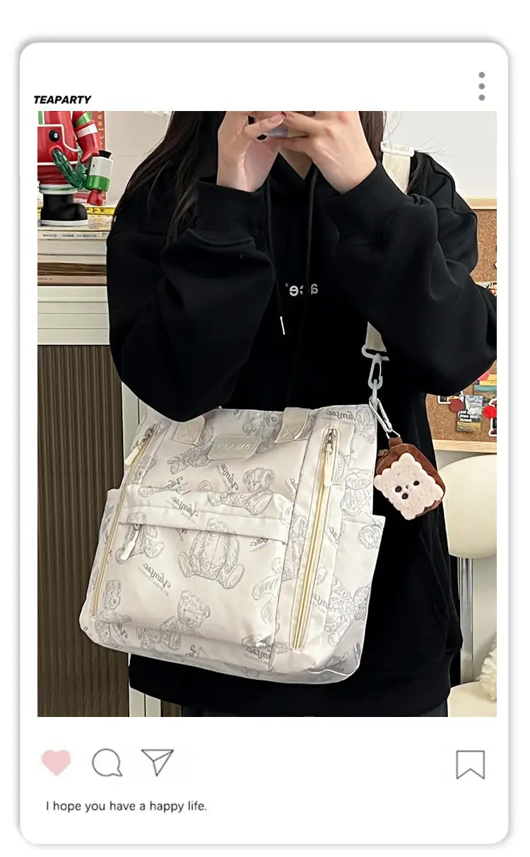 Bear Print Large Tote Bag Shoulder Crossbody Stylish Fashionable Comfortable