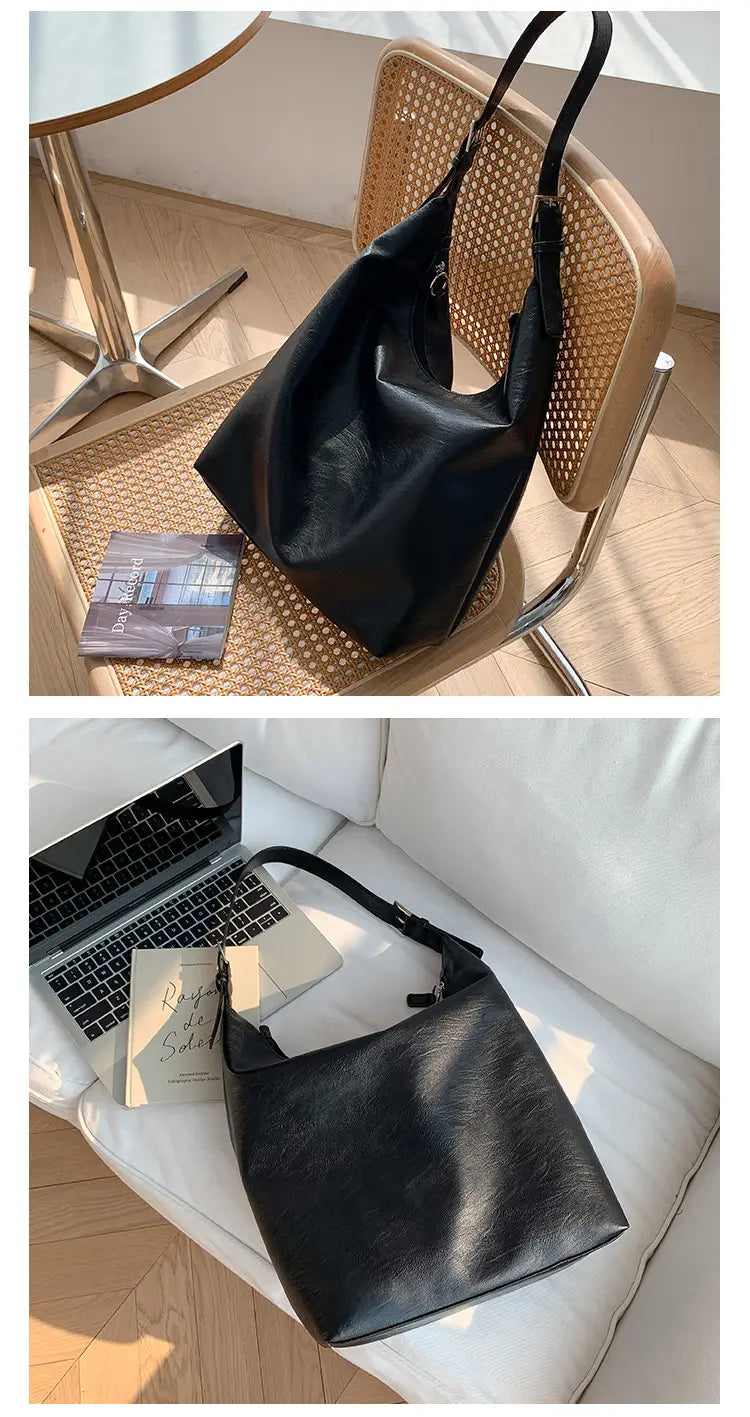 Casual Soft Leather Tote with Polyester Lining and Dumpling Shape Design