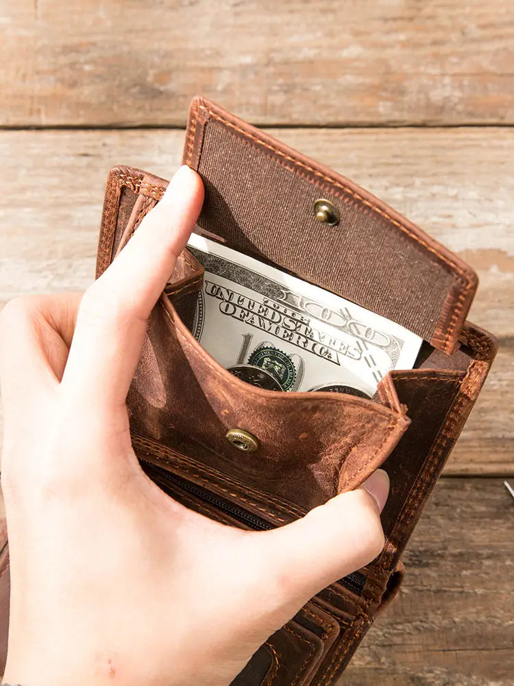 Layer Leather Short Clutch Bag for Men Dark Brown 9.5x2x13cm