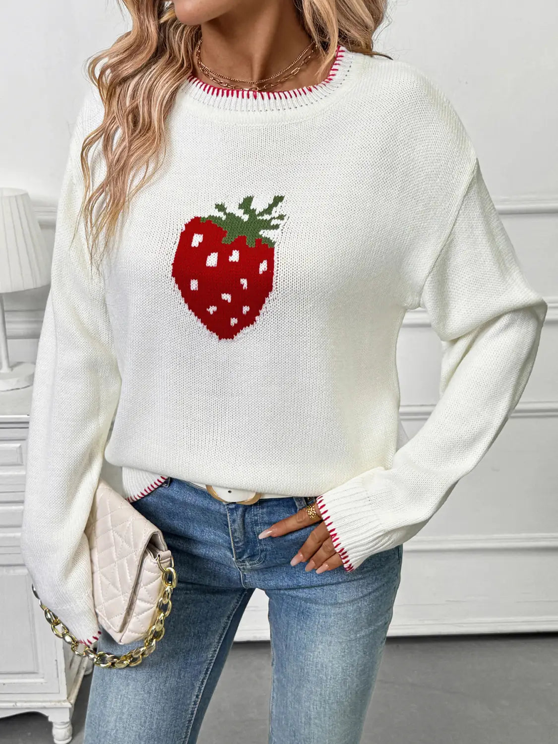 Strawberry Beige Loose Pullover Sweater for Women Acrylic Wool Knit Top