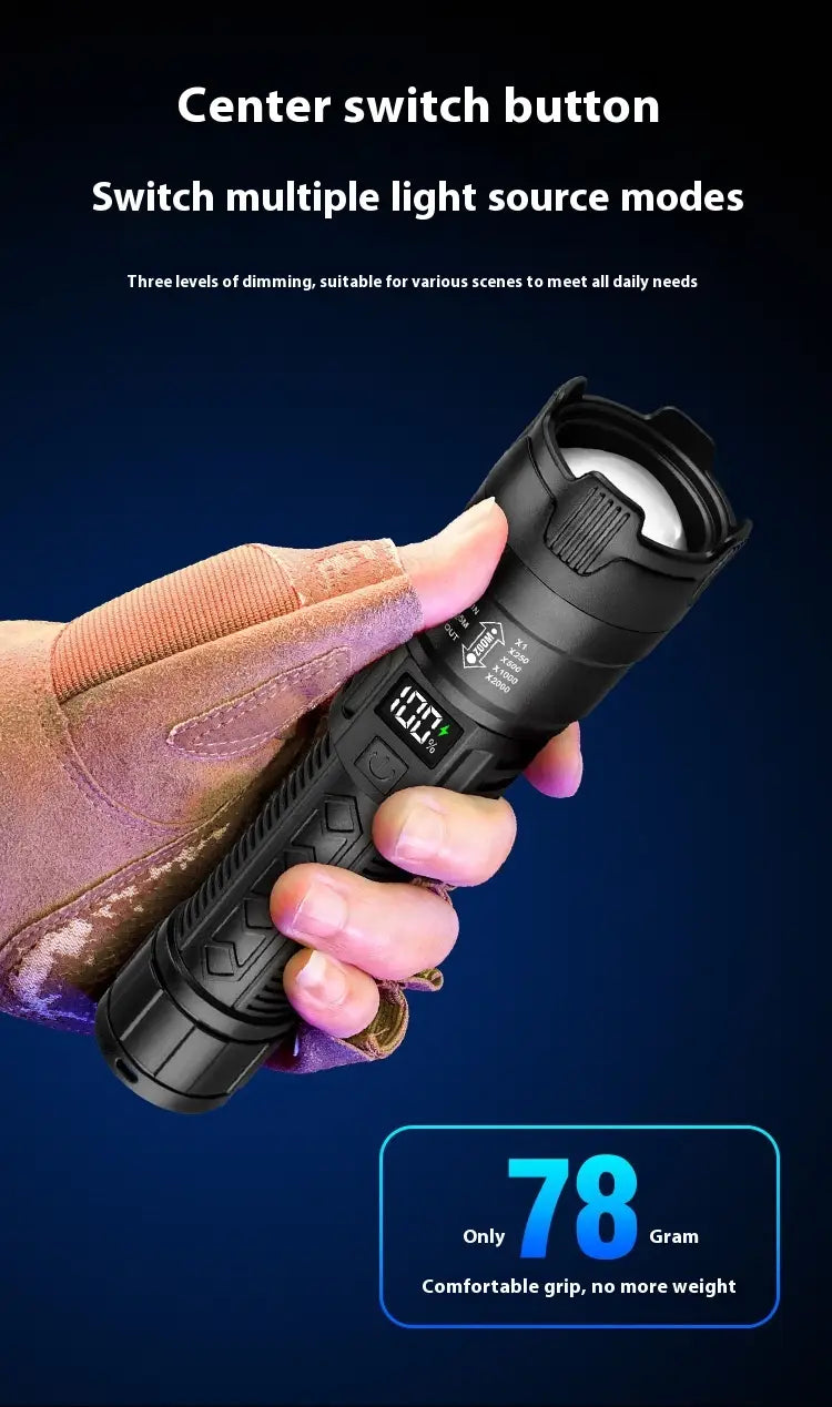 Black Digital Focus Flashlight with Portable Long Endurance and Strong Light