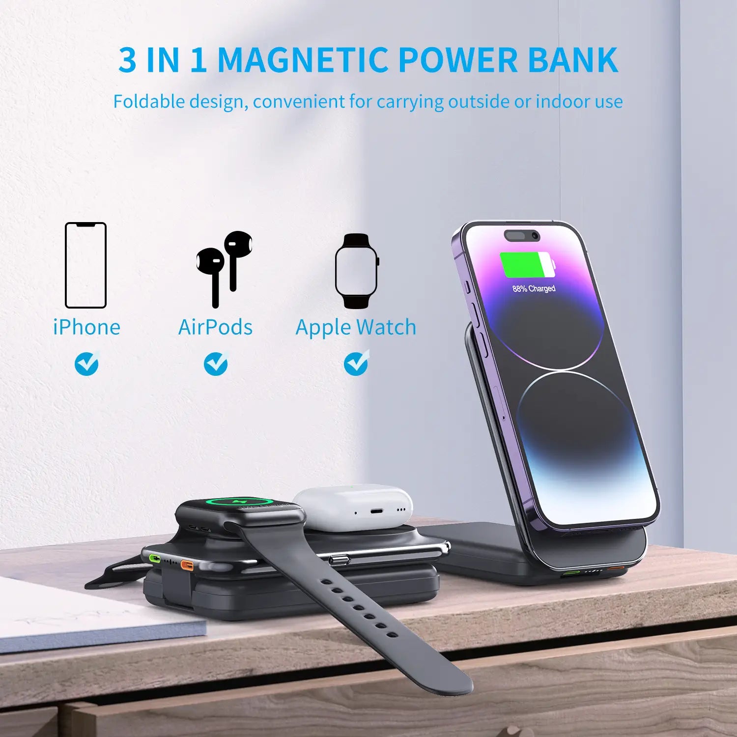 8000mAh Wireless Magnetic Power Bank with Cable Output for Fast Charging