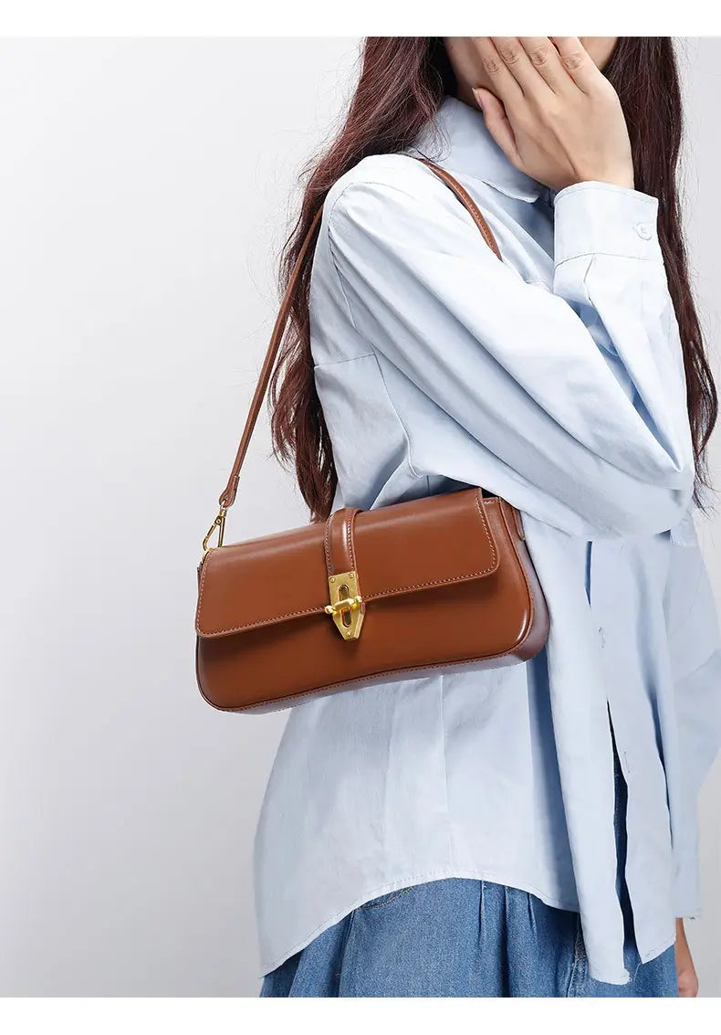 Genuine Leather Baguette Armpit Crossbody Bag with Advanced Texture Wild Design